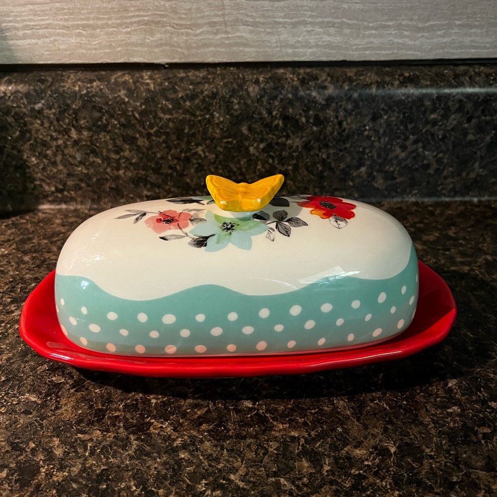 The Pioneer Woman Floral Butter Dish with Red and Aqua